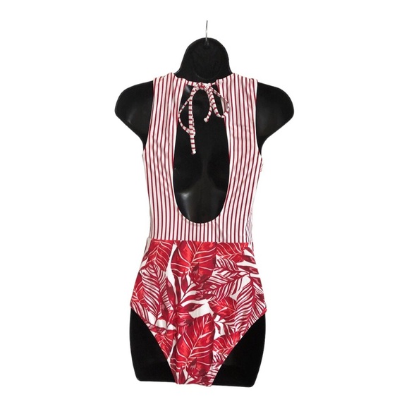 Cupshe red & white striped banded waist red floral open back 1pc swimsuit size M - Picture 4 of 14